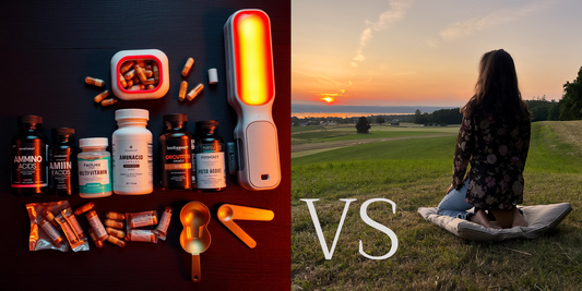 Medikamente vs. Medition | Bild einer meditierenden Frau und Sonnenuntergang